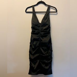XSCAPE Deep Satin V Neck Ruched Dress
